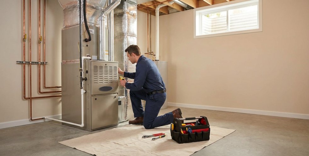 Technician kneeling beside a furnace in a basement utility room during maintenance work
